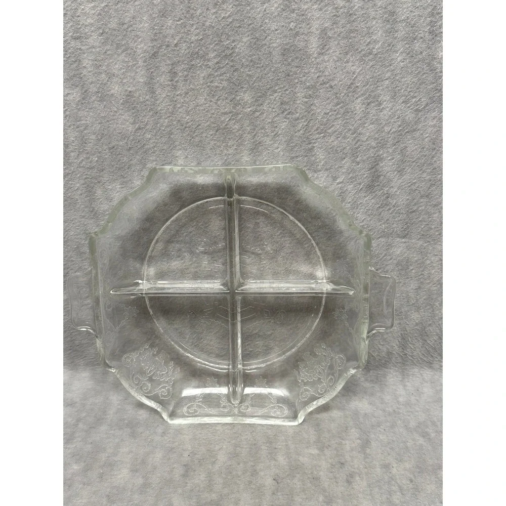 Vintage Relish Dish Clear 4 Sections‎ Divided Serving Piece Etched MCM
